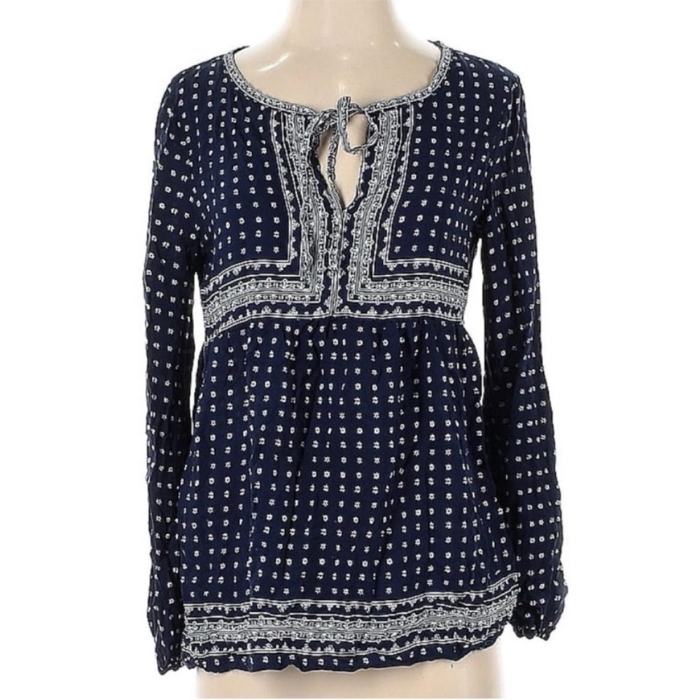 Max Studio Long Sleeve Top, Navy Blue Tie-Neck Rayon Boho Bohemian Top, Medium